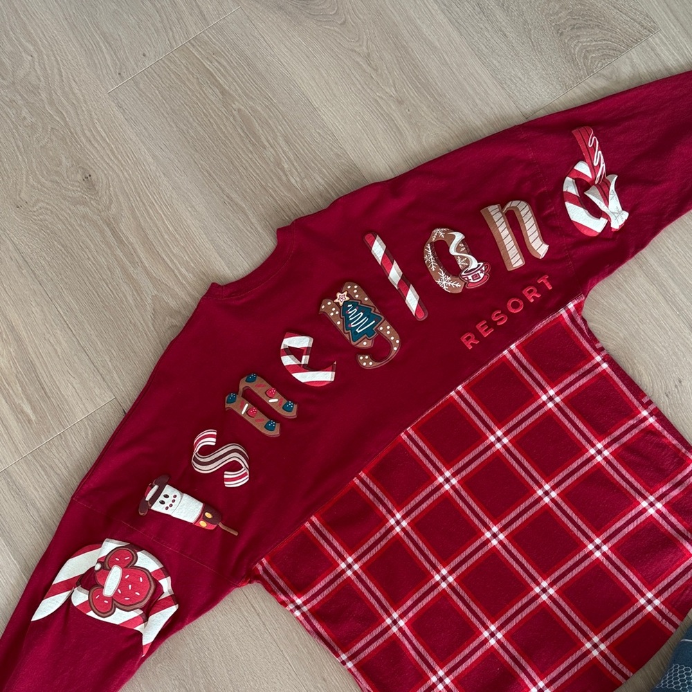 Disney Disneyland Red Holiday Spirit Jersey with yummy snacks and puffy letters